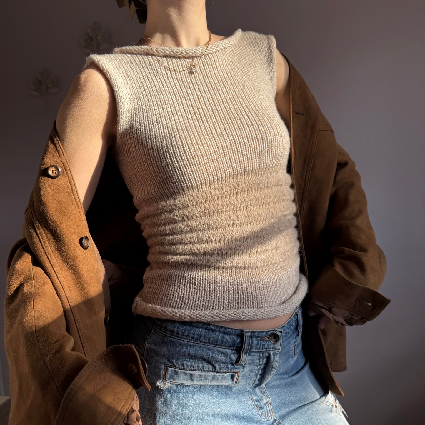 Handmade beige shirred knitted vest - mohair blend