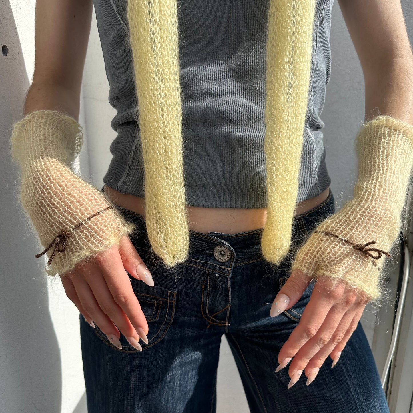 Handmade knitted mohair hand warmers in light yellow and brown - with thumb hole