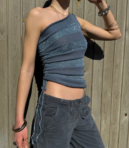 Handmade sparkly draped one shoulder knit top in denim blue - cotton
