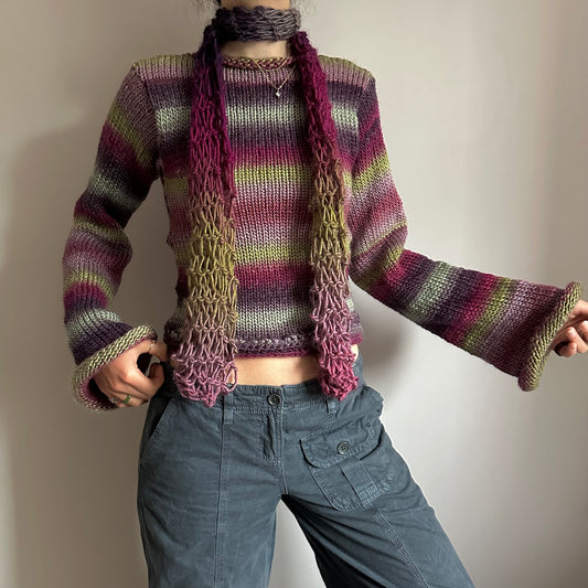 Handmade ombré knitted flared sleeve jumper in green and purple shades