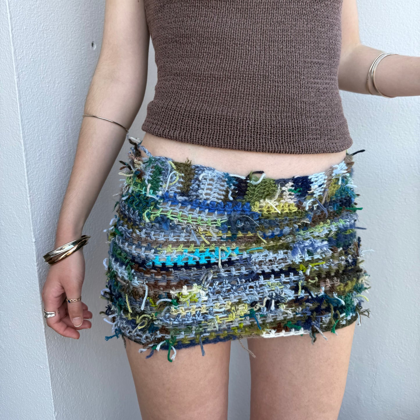 Handmade scrappy crochet mini skirt - 1 of 1, made of leftover yarn scraps (pre made)