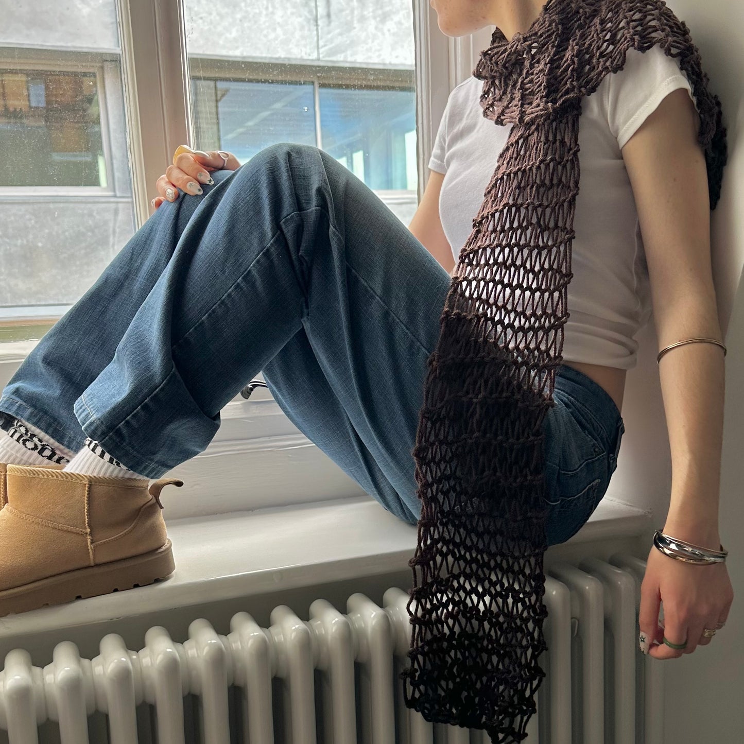 Handmade fishnet knitted scarf in brown