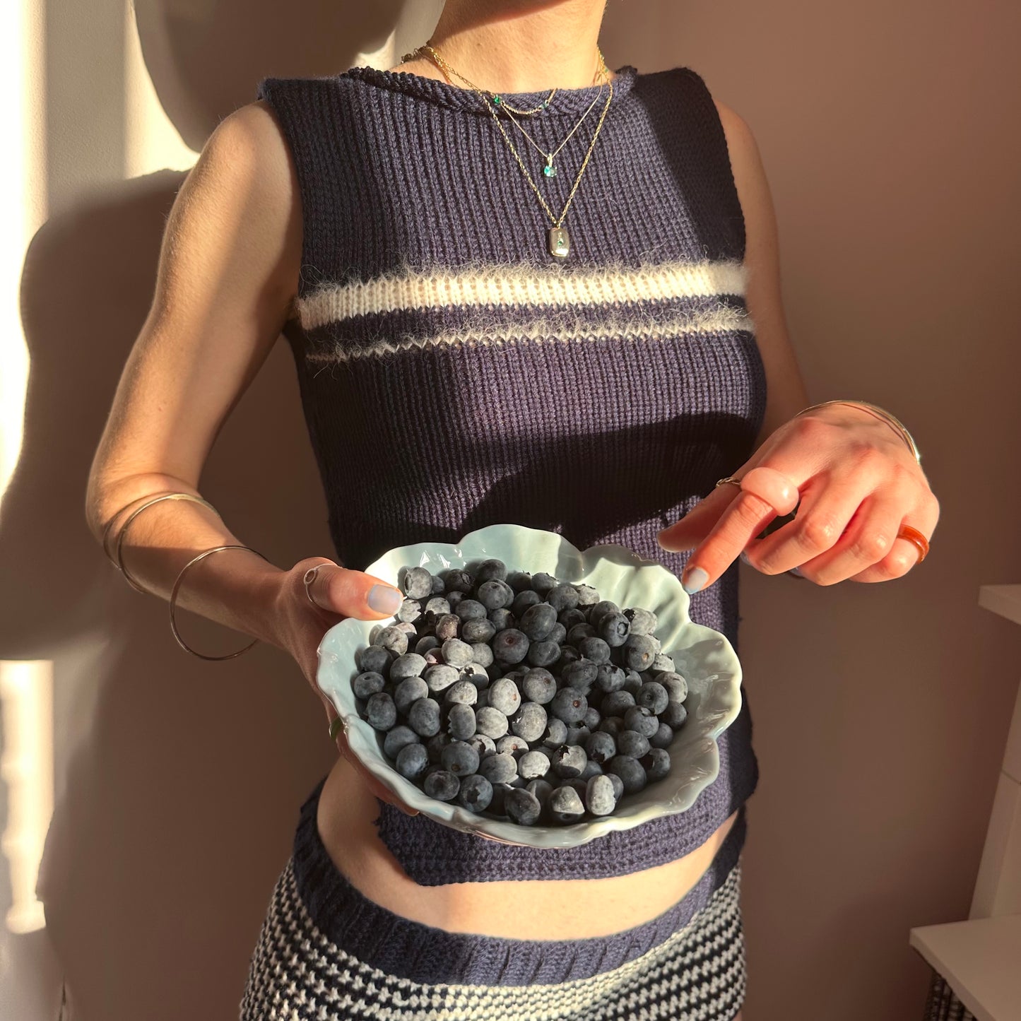 The Blueberry Vest - handmade navy blue and cream bow tie up vest top