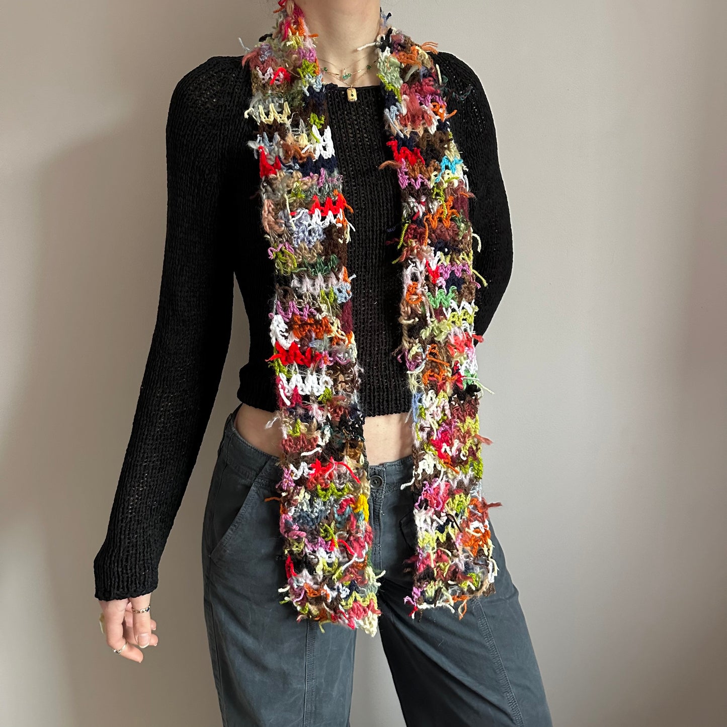 Scrappy skinny scarf #3 - handmade from leftover yarn scraps