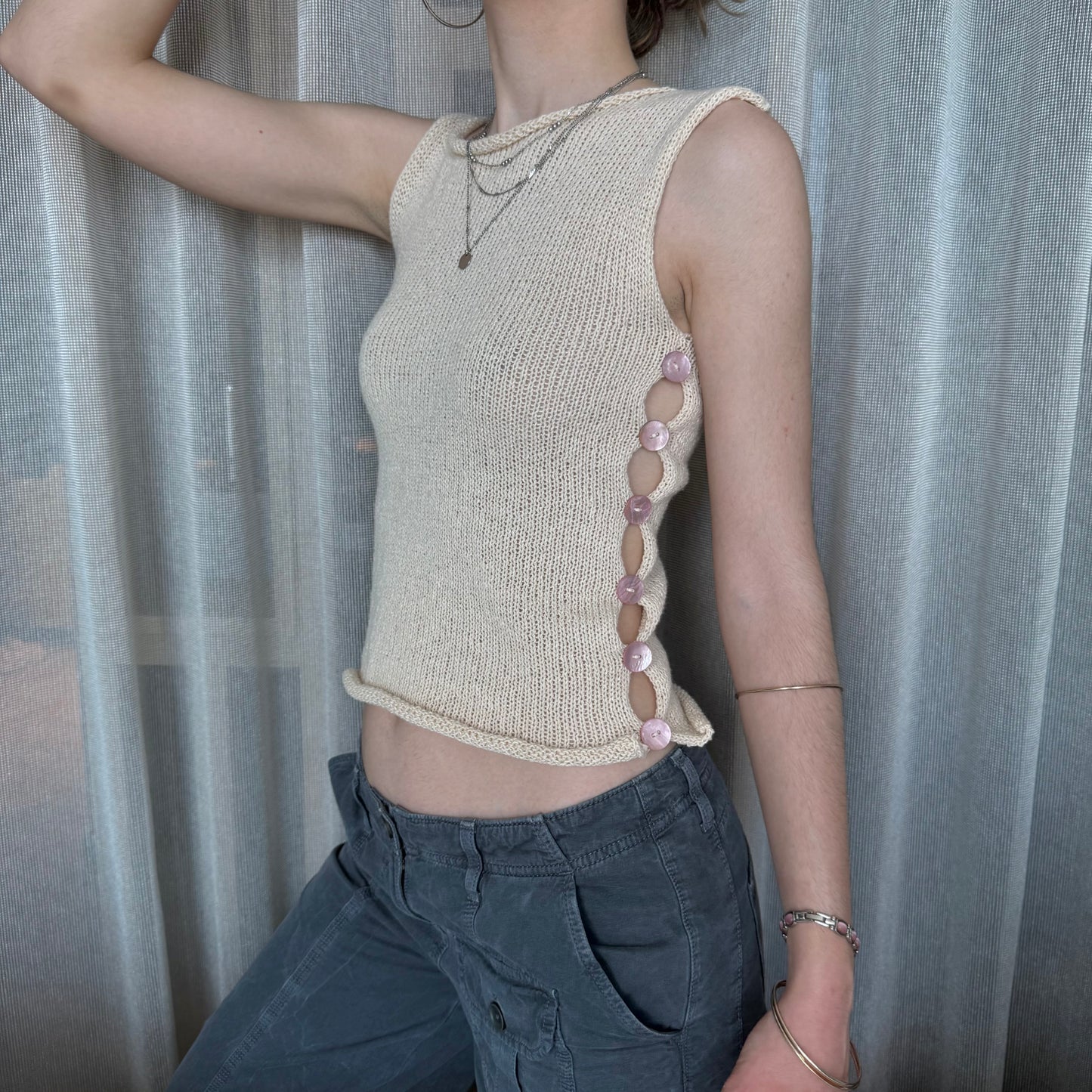 Handmade knitted Pearl Vest in cream with baby pink mother of pearl buttons