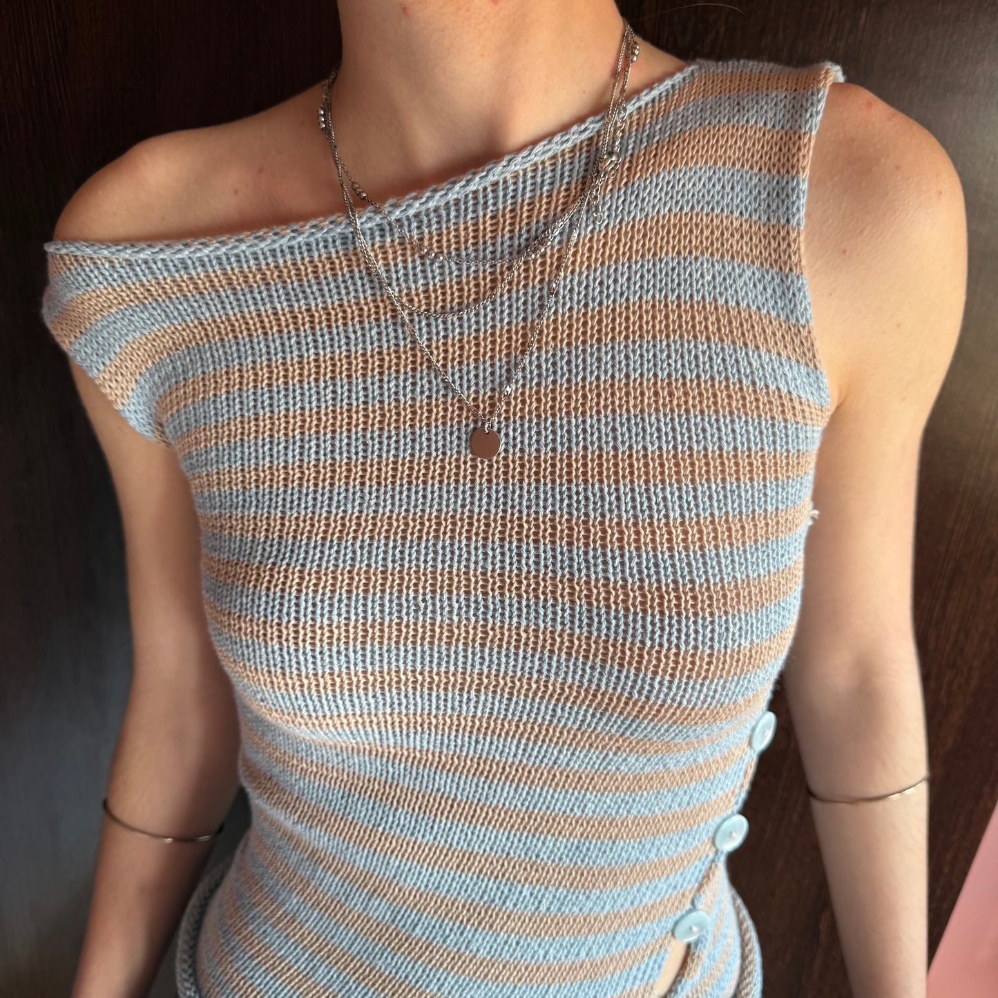 Handmade knitted Pearl Vest - baby blue and beige striped (pre made)