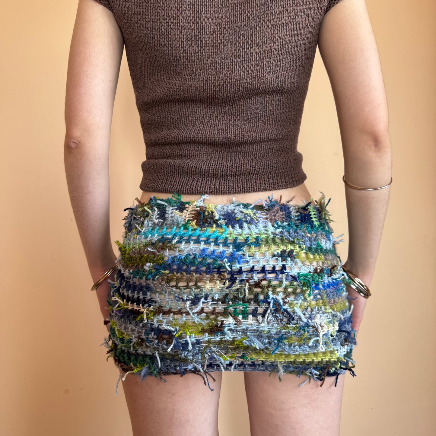 Handmade scrappy crochet mini skirt - 1 of 1, made of leftover yarn scraps (pre made)