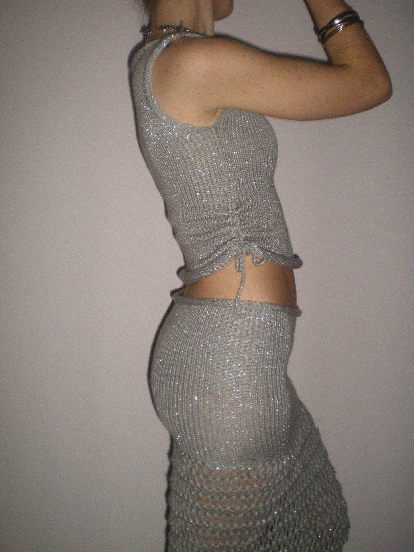 The Chainmail Set - handmade silver metallic ruched vest & matching maxi skirt