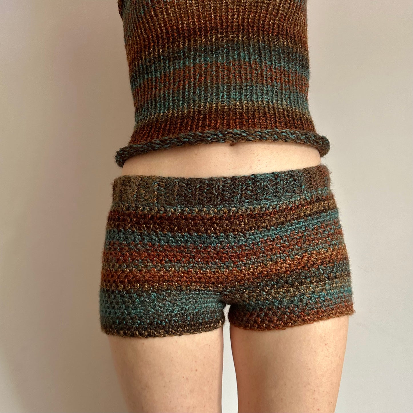 Matching set: brown and blue striped crochet shorts and knit halter top