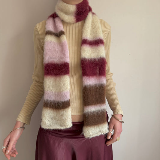 Handmade cream, burgundy, brown and baby pink fluffy striped scarf