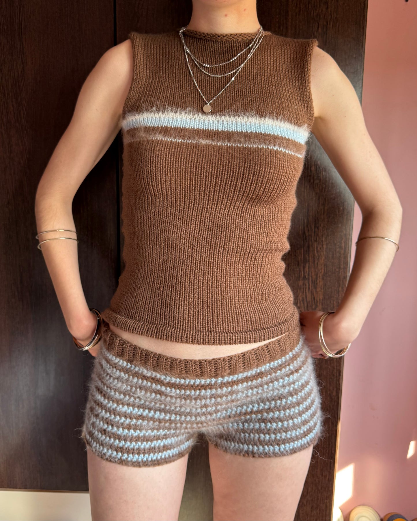 The Brown and Blue Set - matching mohair striped crochet shorts and knit vest top