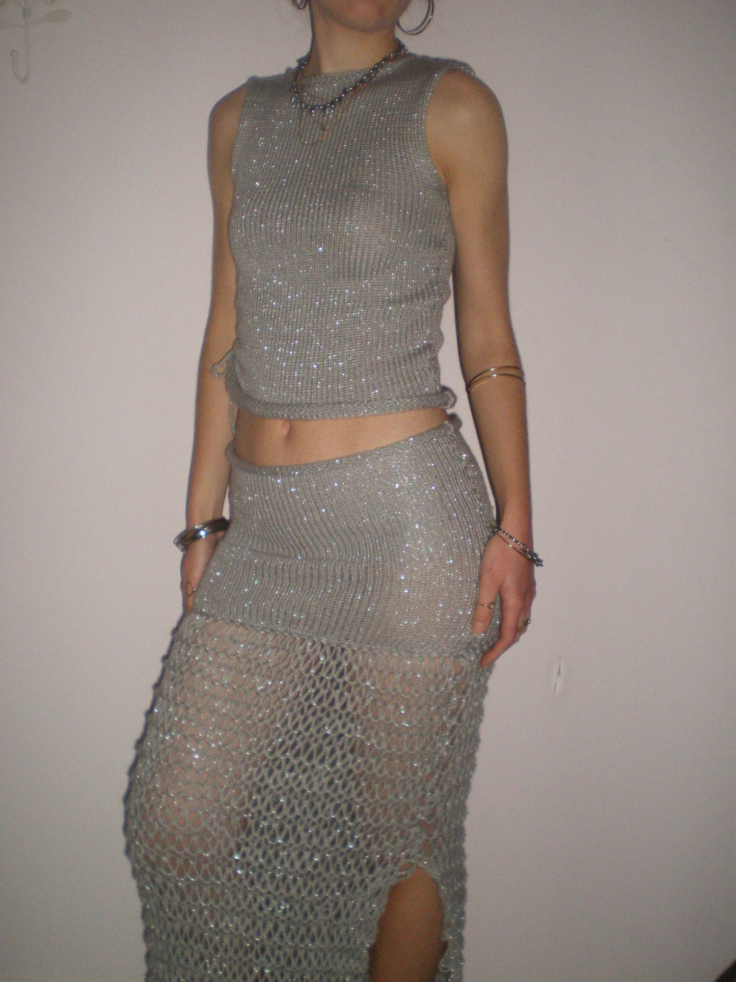 The Chainmail Set - handmade silver metallic ruched vest & matching maxi skirt