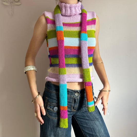 Handmade knitted stripy skinny scarf in orange, lilac, blue, green and pink