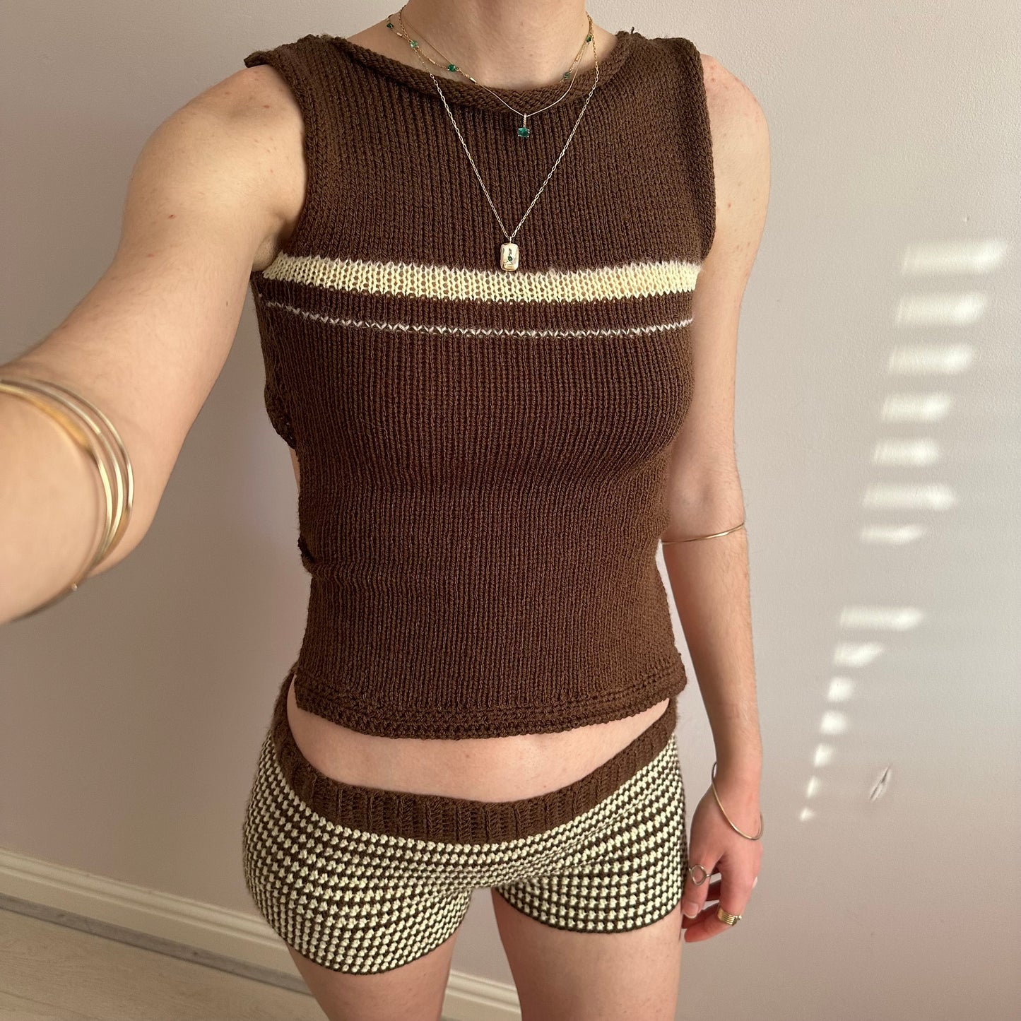 The Sienna Set - matching striped crochet shorts and bow tie up knit vest top