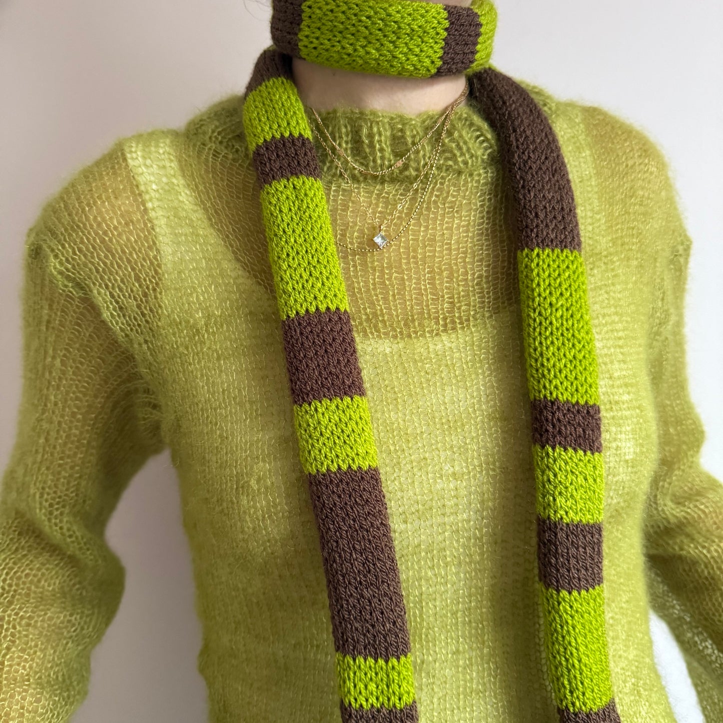 Handmade knitted striped skinny scarf in green and brown