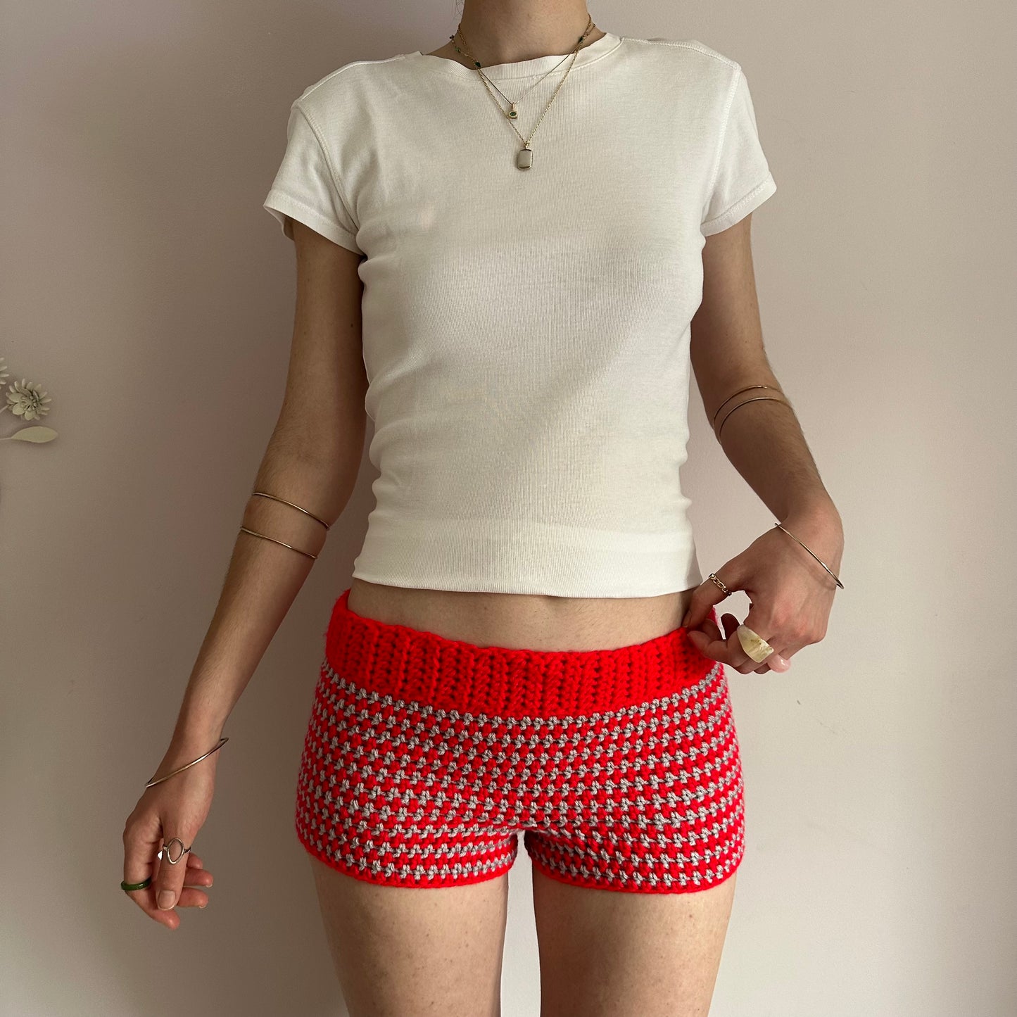 Handmade red and light grey striped crochet shorts