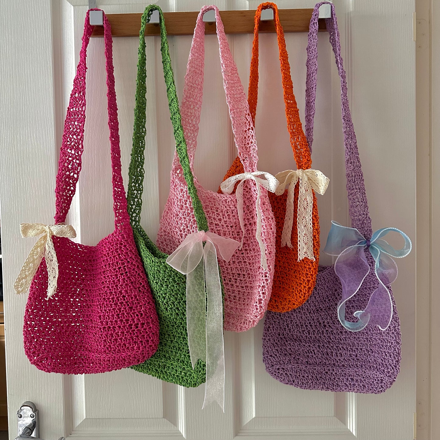 Handmade lilac crochet straw bag with bow - can also be worn crossbody