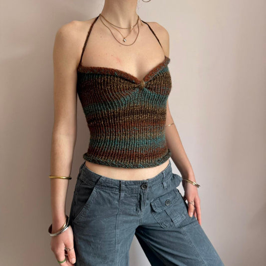 Handmade brown and blue ruched bust ombré knitted halter top