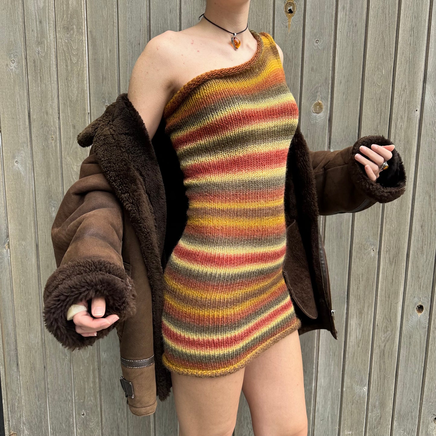 Handmade ombré earth tones one shoulder knit dress