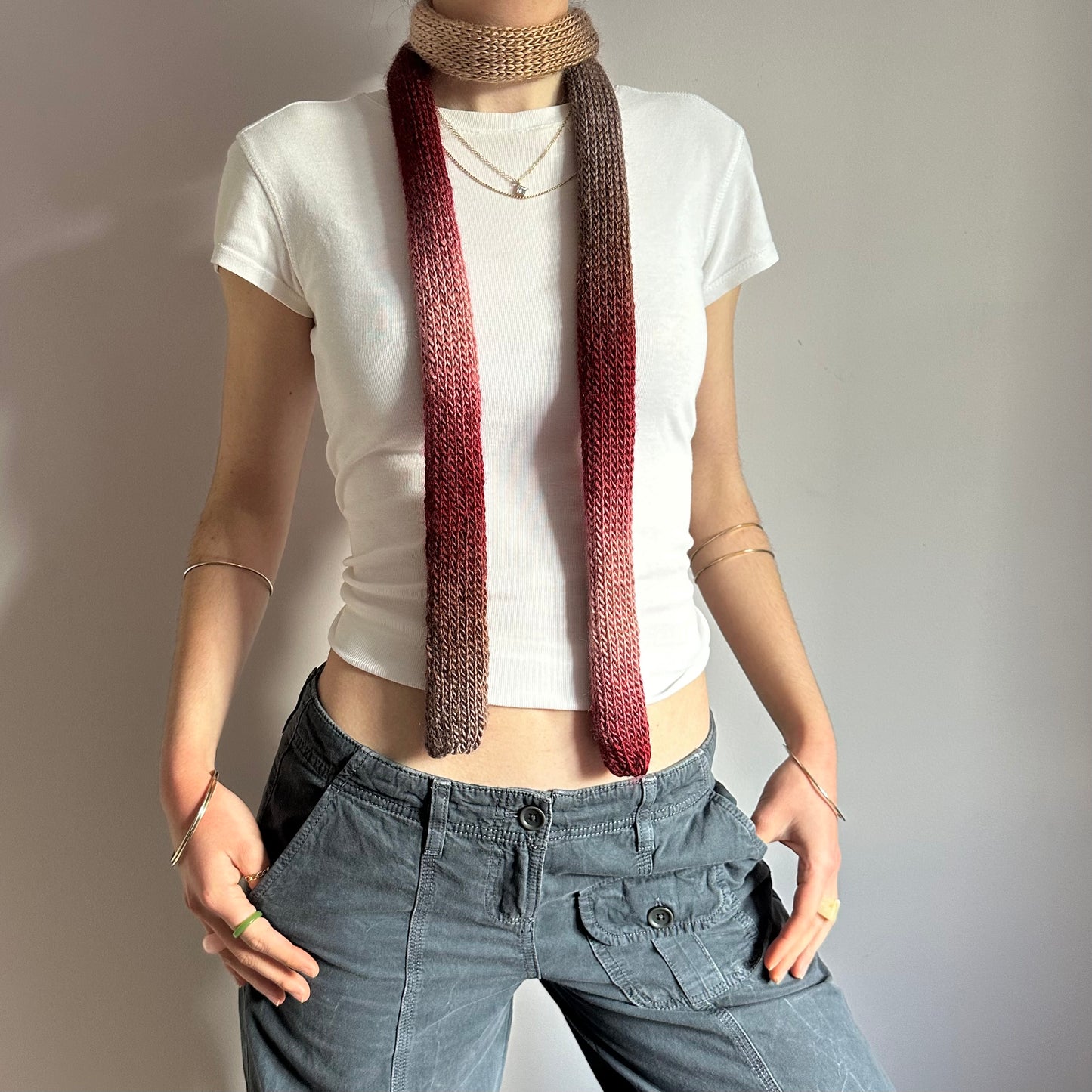 Handmade knitted ombré skinny scarf in burgundy, beige and brown