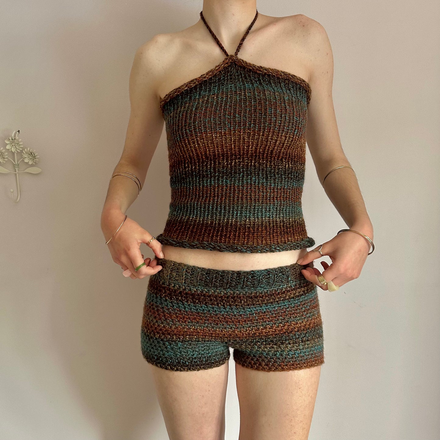 Handmade brown and blue ombré striped crochet shorts