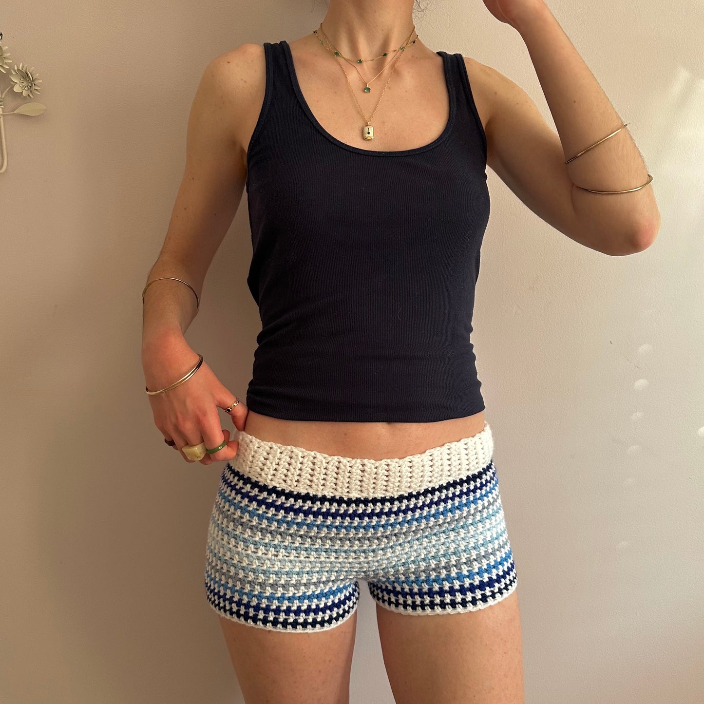 Handmade white and blue ombré striped crochet shorts