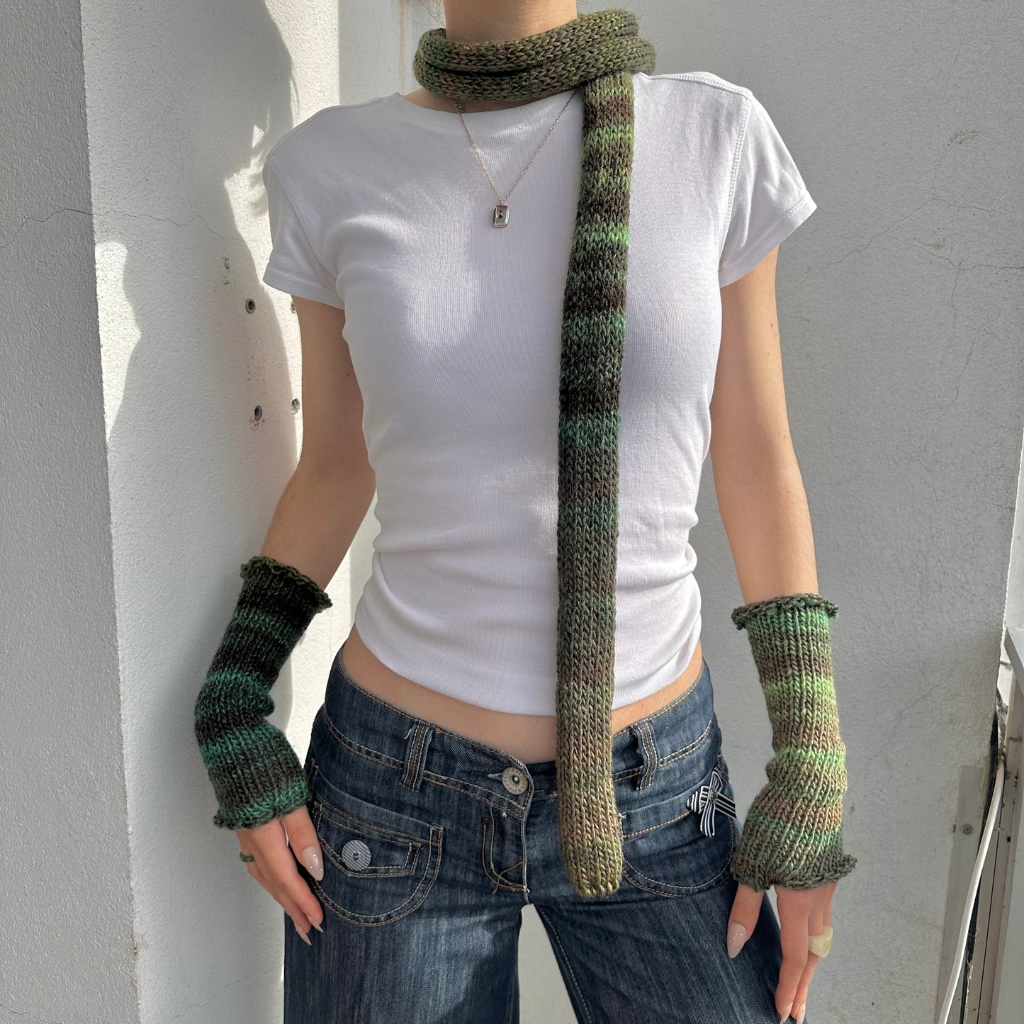 Handmade knitted green ombré skinny scarf