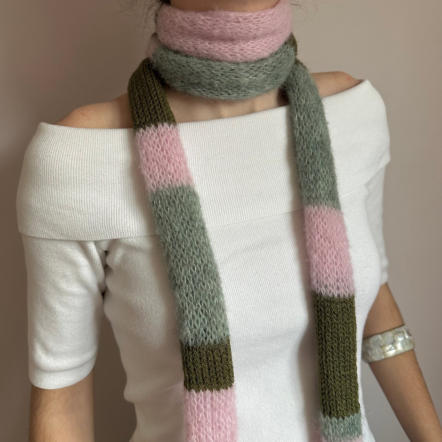 Handmade knitted baby pink, khaki and sage green striped skinny scarf - extra long