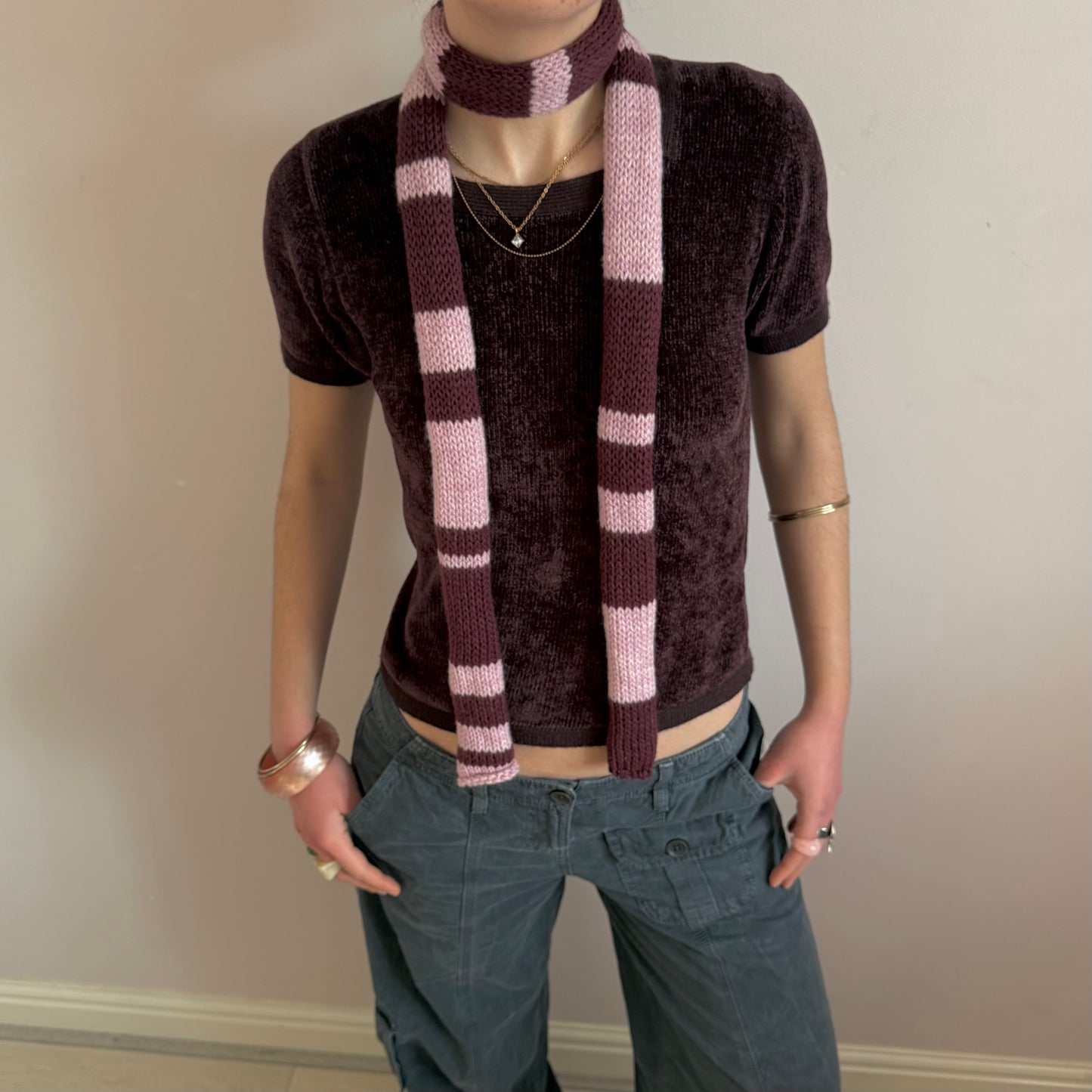 Handmade knitted stripy skinny scarf in maroon and dusky pink