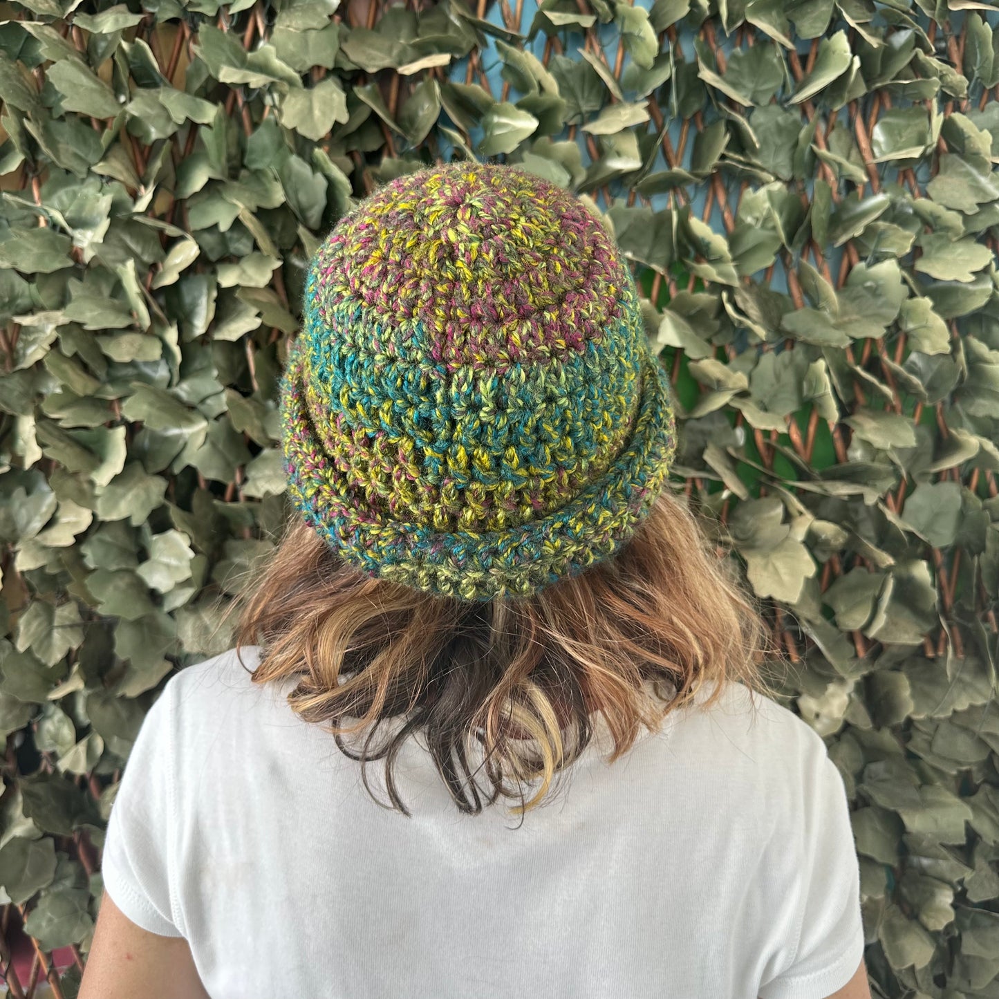 Handmade green and purple chunky crochet bowler hat