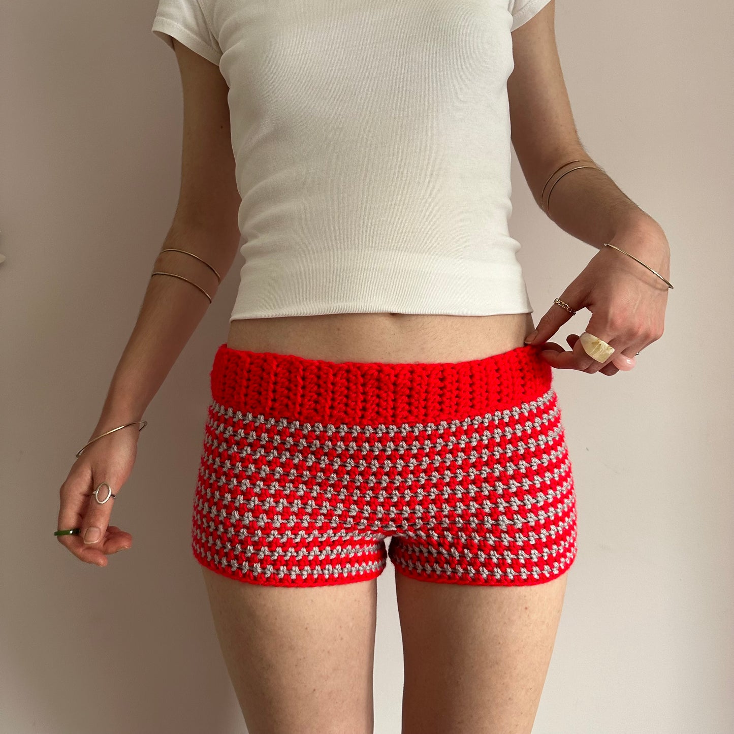 Handmade red and light grey striped crochet shorts