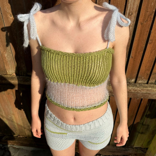 Handmade knitted mohair bow top in olive green and baby blue