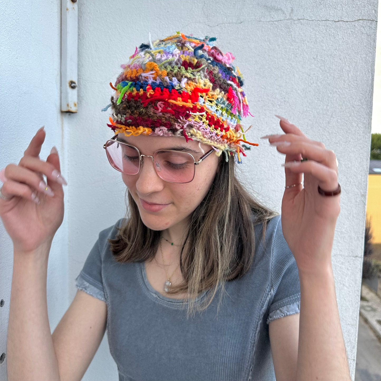 1 of 1 handmade crochet beanie hat made from leftover scraps of yarn