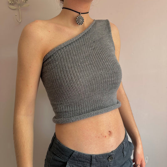 Handmade knitted grey asymmetrical one shoulder top