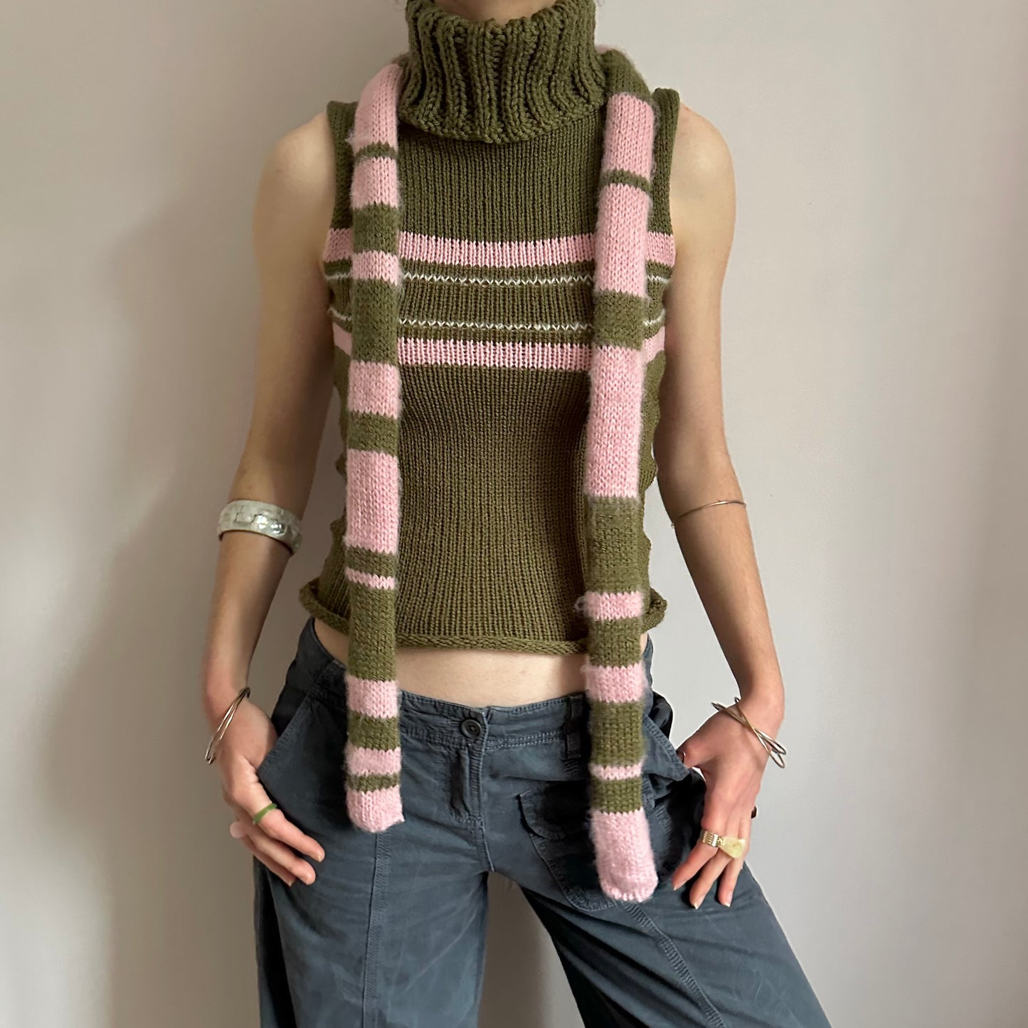 Handmade knitted stripy skinny scarf in dusky pink and khaki green