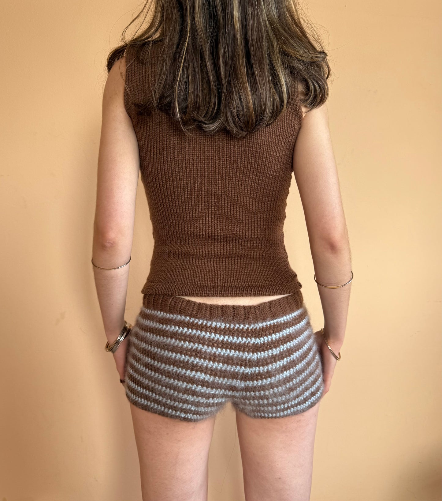The Brown and Blue Set - matching mohair striped crochet shorts and knit vest top