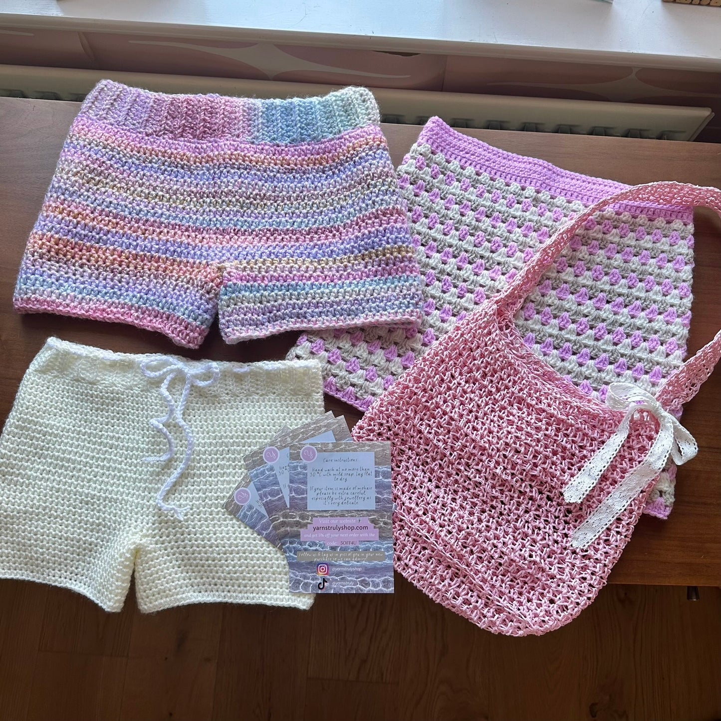 Handmade pastel shades ombré striped crochet shorts