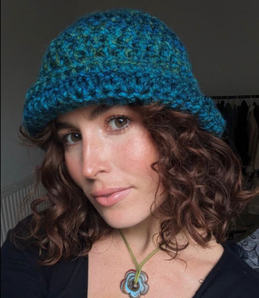 Handmade blue and green chunky crochet bowler hat