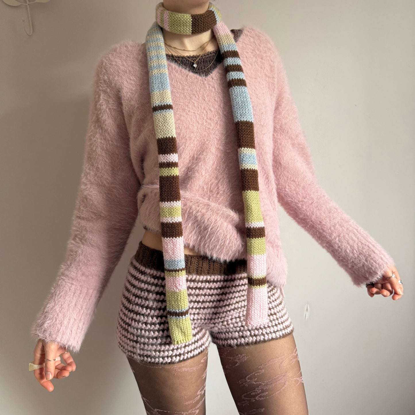 Handmade brown and baby pink mohair striped crochet shorts