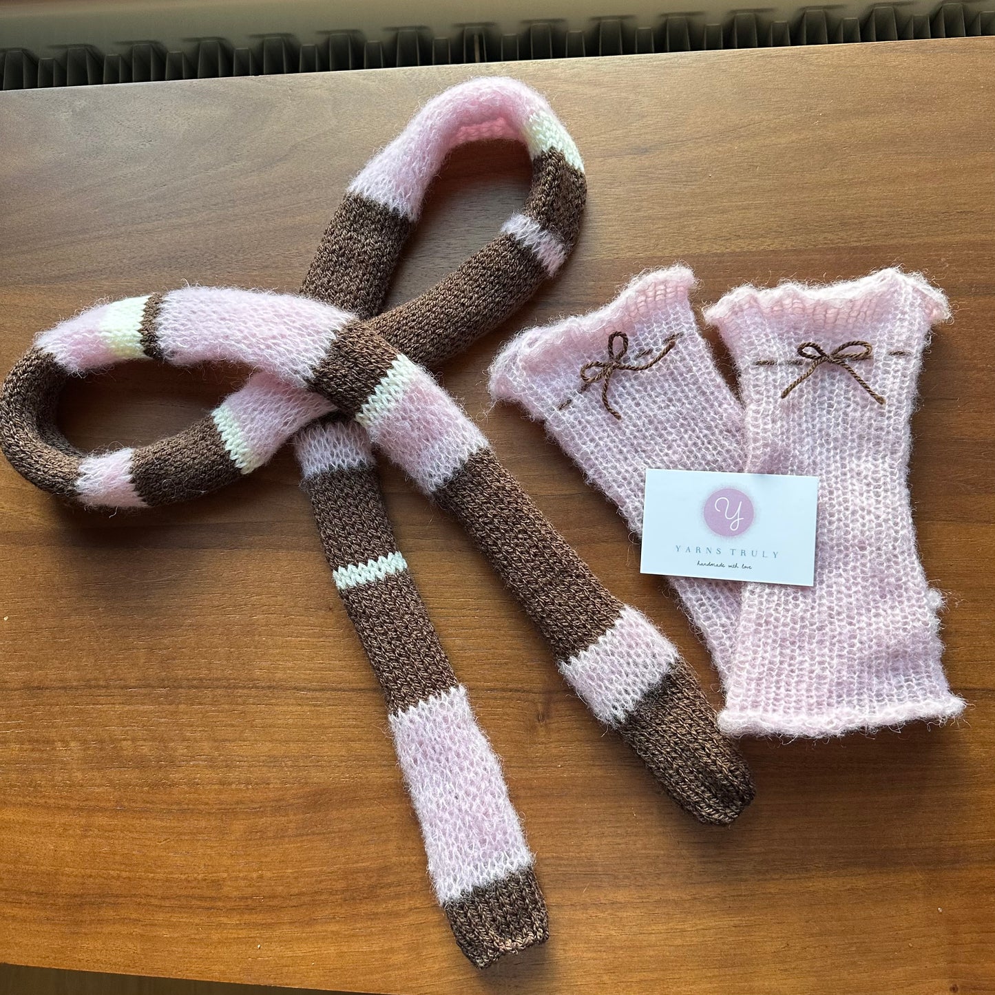Handmade knitted brown, cream and baby pink striped skinny scarf