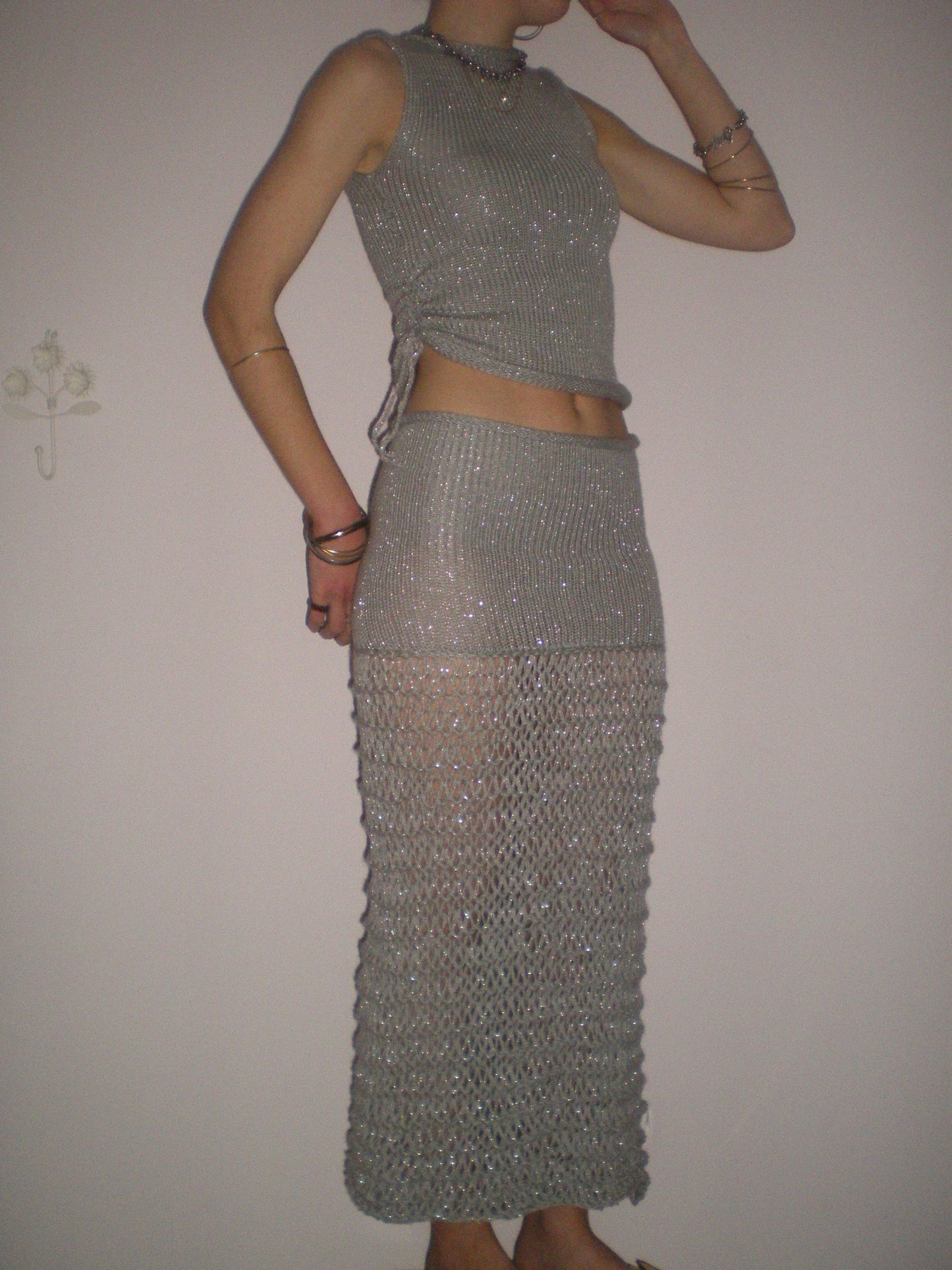 The Chainmail Set - handmade silver metallic ruched vest & matching maxi skirt