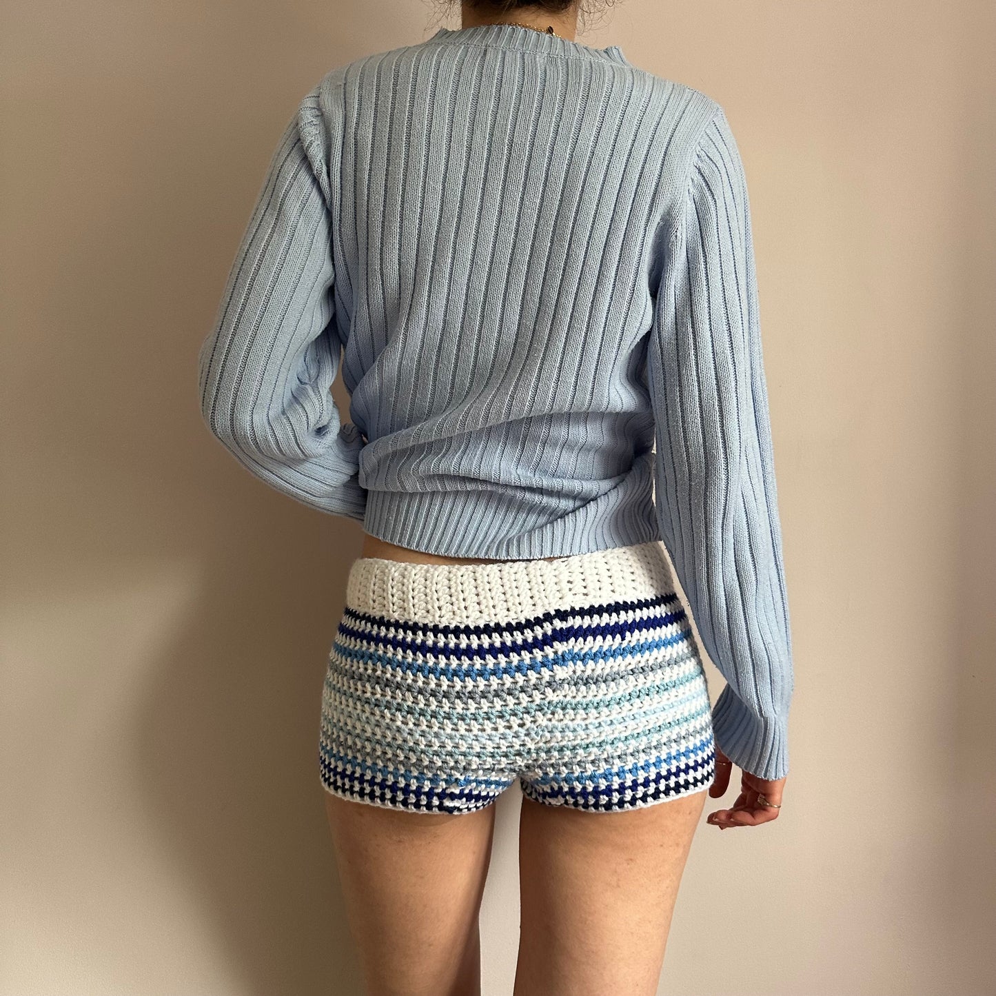 Handmade white and blue ombré striped crochet shorts