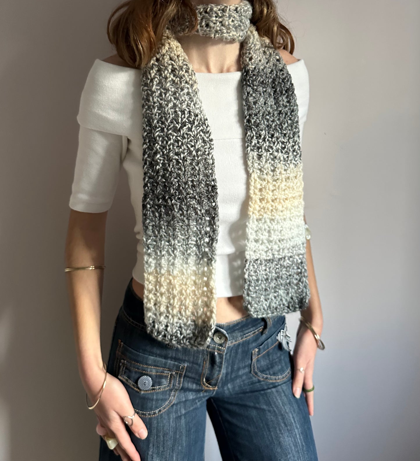 Handmade ombré grey and cream crochet scarf