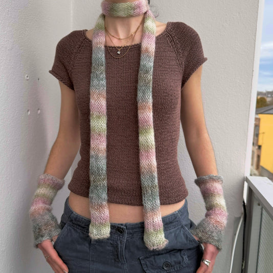 Handmade pastel shades knitted mohair ombré skinny scarf