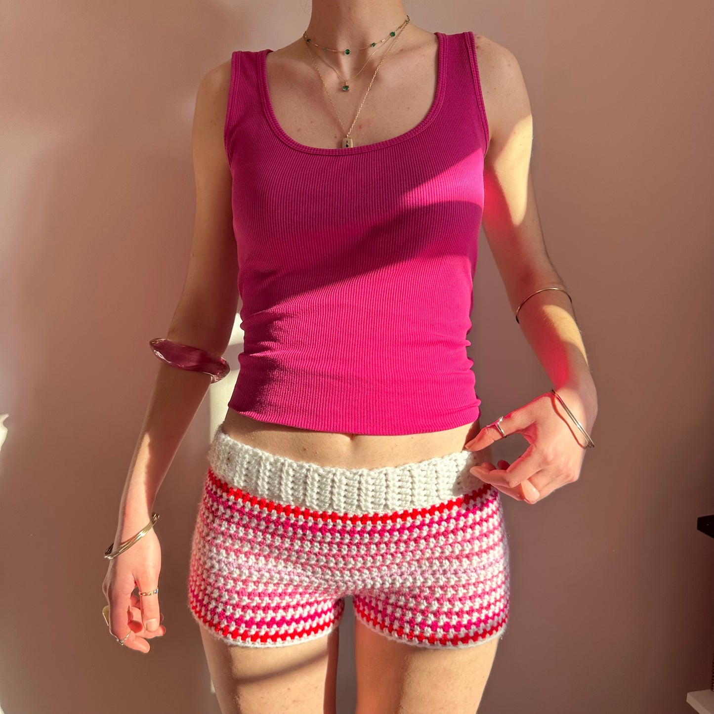 Handmade white and pink ombré striped crochet shorts