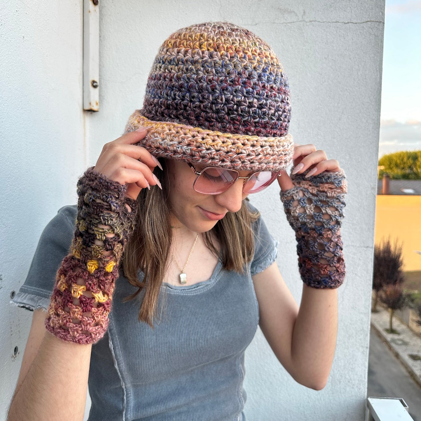 Handmade Aurora fishnet crochet ombré hand warmers