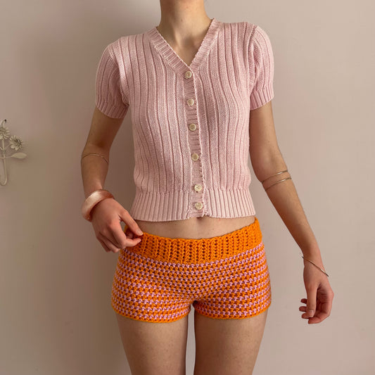 Handmade orange and pink striped crochet shorts