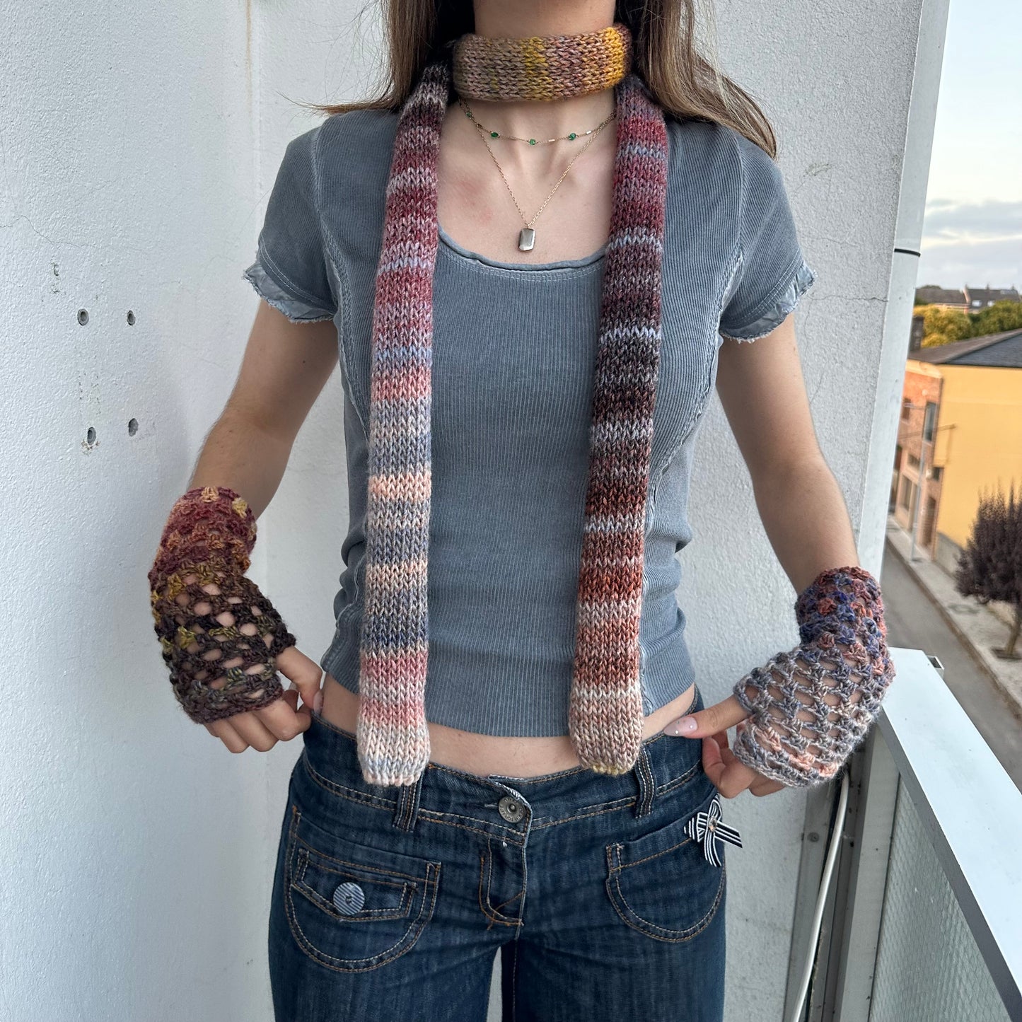 Handmade Aurora knitted ombré skinny scarf