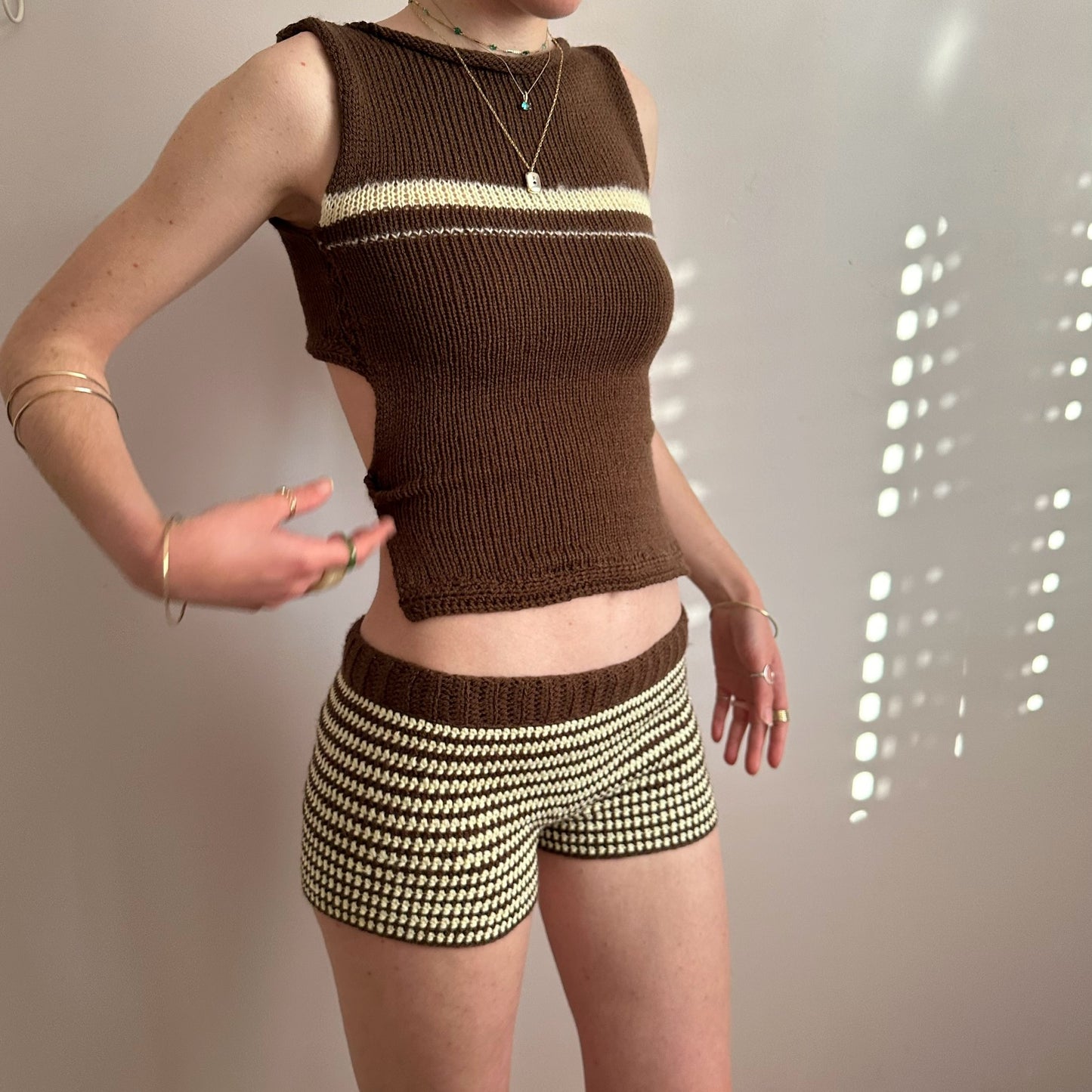 The Sienna Set - matching striped crochet shorts and bow tie up knit vest top