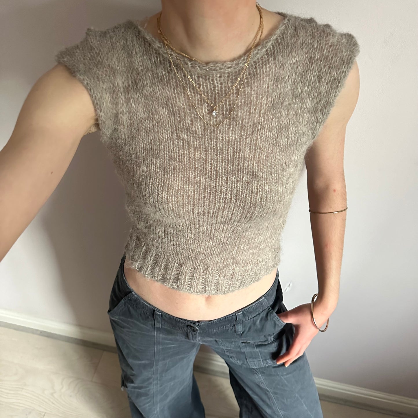 Handmade grey mohair ribbed knit vest